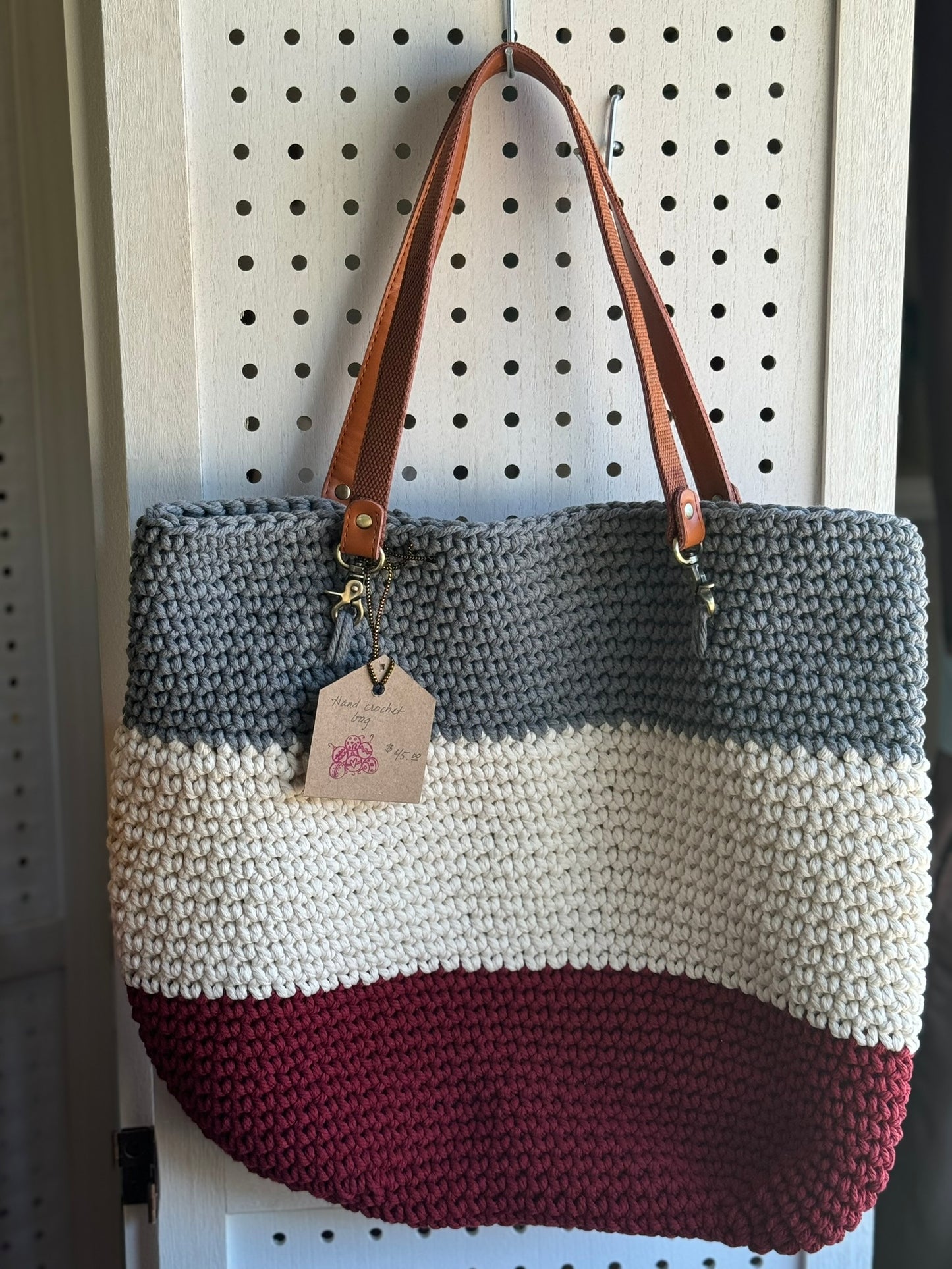 Gray/White/Maroon Crocheted Purse